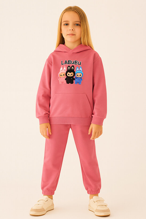 Girls Tracksuit Set Labubu Set Hooded Printed Sweatshirt and Pants