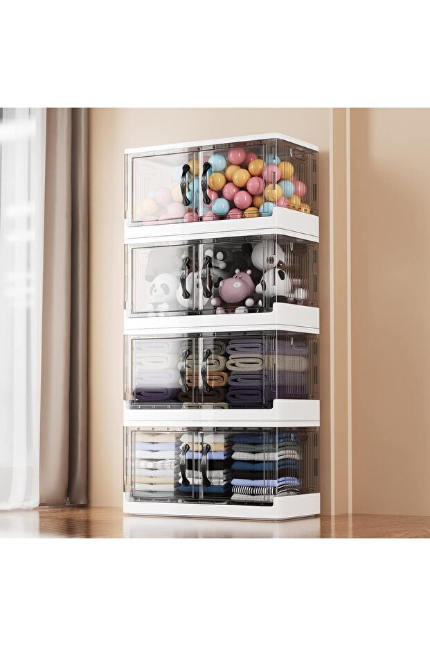 Foldable Stackable Storage Box Organizer Set of 4 with Doors and Wheels with Removable Lid - 2