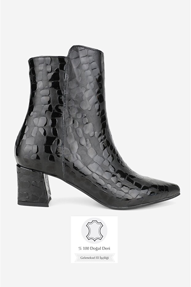 Women's Black Patent Leather Genuine Natural Leather Size 35-40 Thick Heel Pointed Toe Boots & Booties