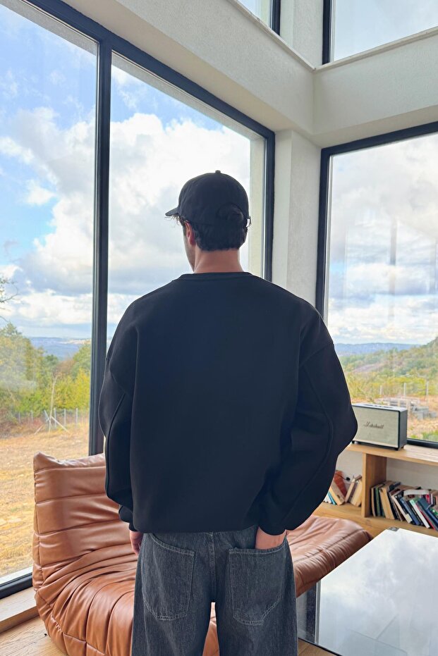 Basic Bisiklet Yaka Sweatshirt Siyah - 2