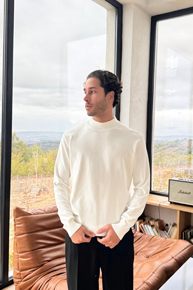 High-Necked Basic Knit Sweater White - 1