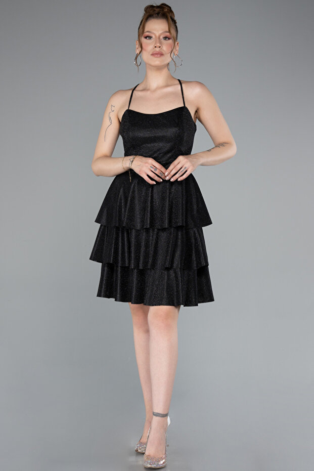 Siyah Askılı Katlı Etekli Simli Kısa Davet Elbisesi ABK2357 - 1