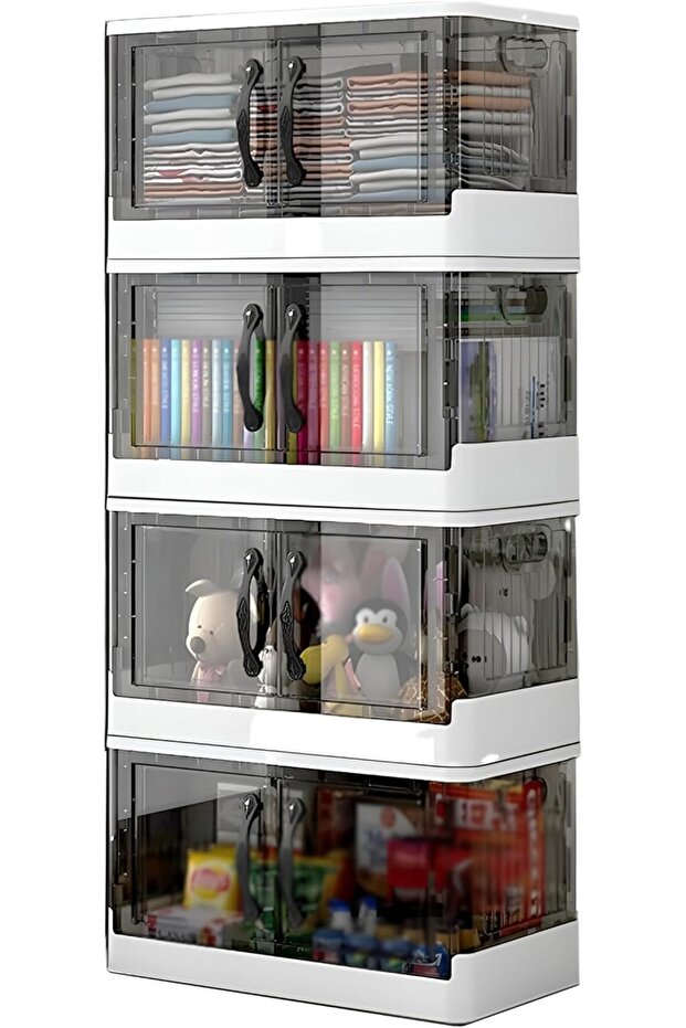 Foldable Stackable Storage Box Organizer Set of 4 with Doors and Wheels with Removable Lid - 1