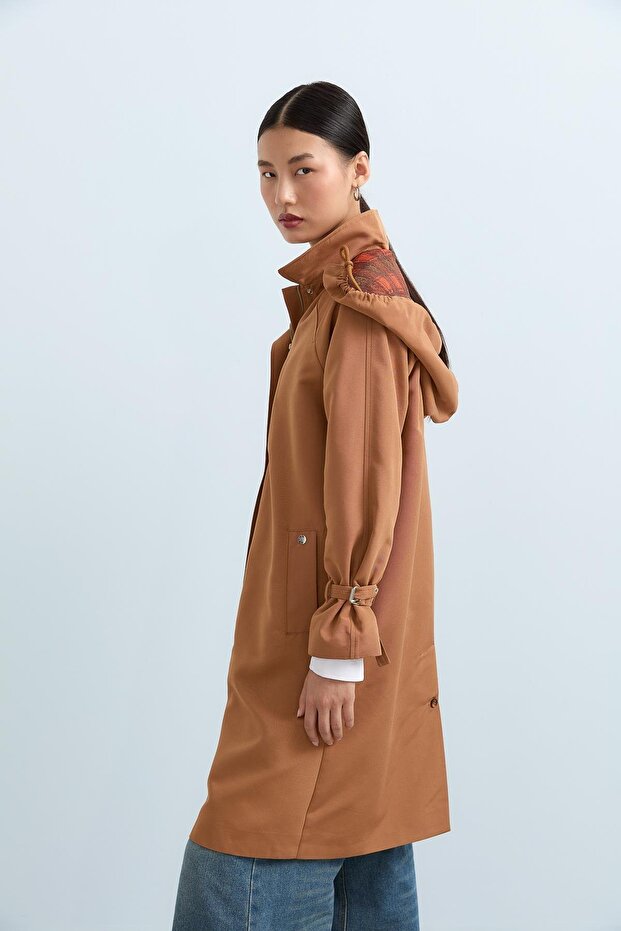 İri Kapşonlu Trençkot Camel - 5