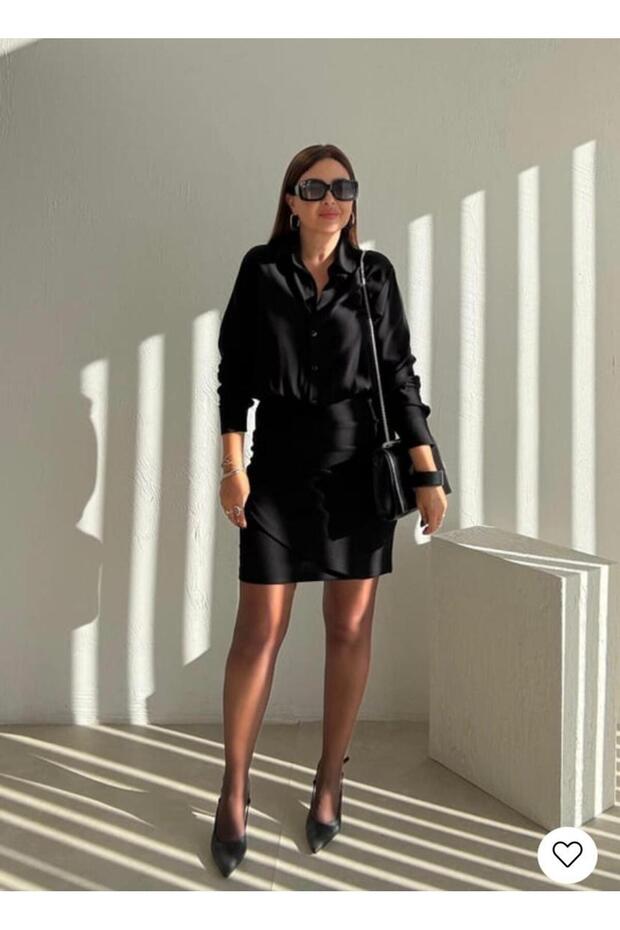 Siyah Drapeli Gömlek Elbise - 1