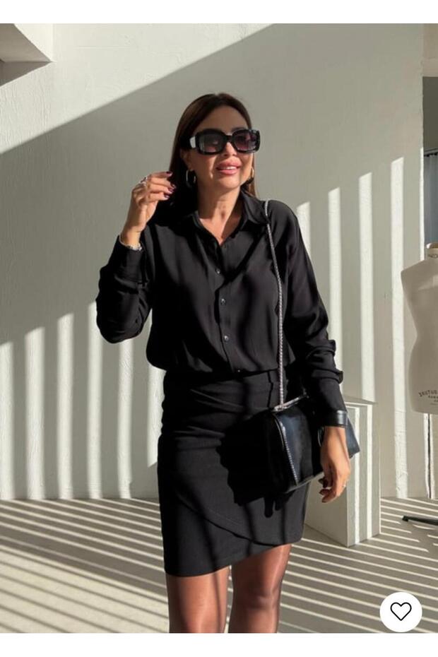 Siyah Drapeli Gömlek Elbise - 4