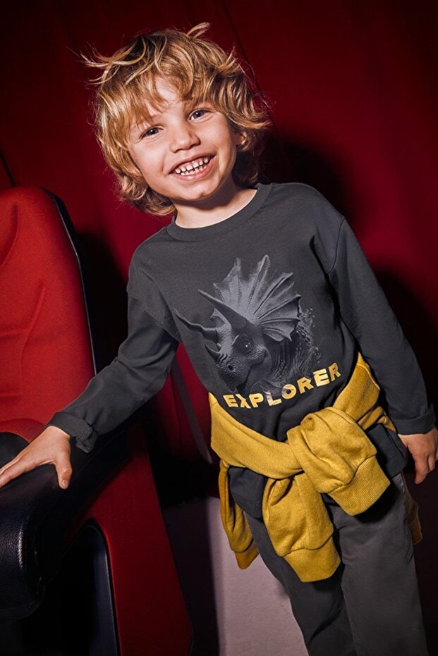 Boy's 4-9 Years Old Patterned Long Sleeve T-Shirt Anthracite