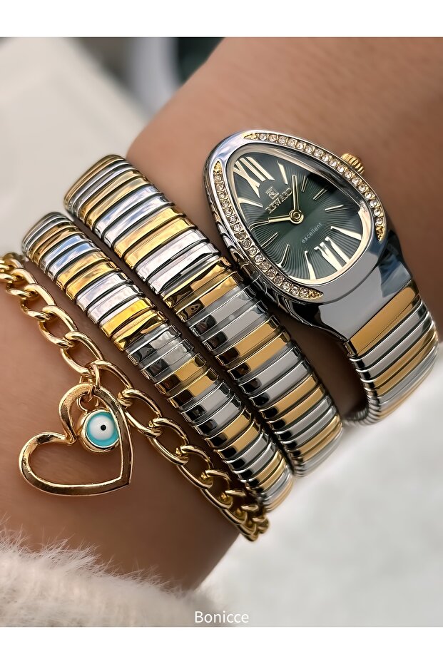 Stone Snake Watch from Thick to Thin (2 Rounds), Small Case (24 Diameter), 3 Atm Gold Steel Band, Bracelet