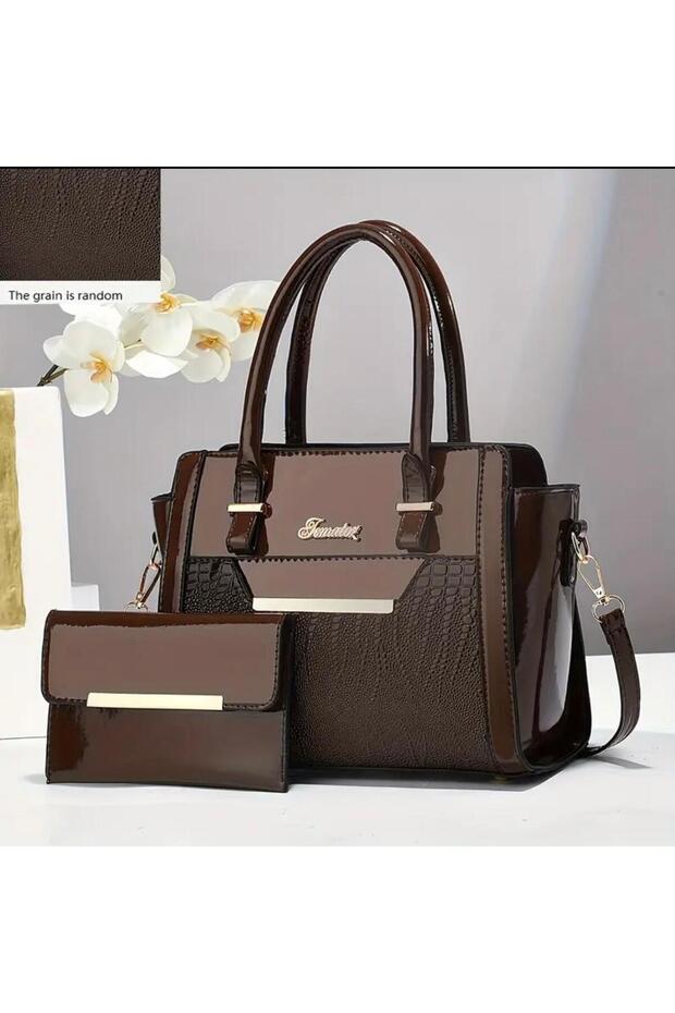 Set of Two Crocodile textured print Shiny Tote Bag and Wallet - 1