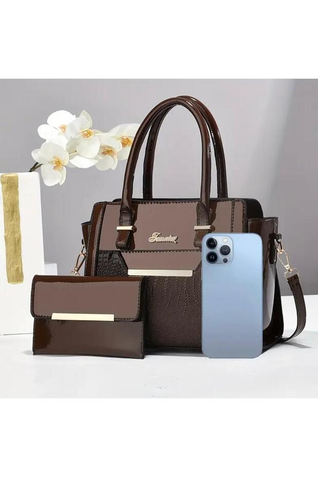 Set of Two Crocodile textured print Shiny Tote Bag and Wallet - 4