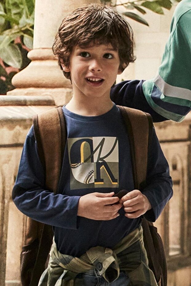 Boy's 4-9 Years Old Printed Long Sleeve T-Shirt Navy Blue