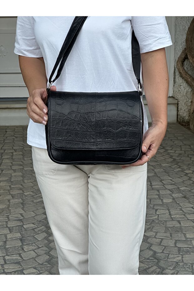 Genuine Leather, Crossbody Strap, Casual Bag, Women's Shoulder Bag, Syah Patterned 25*21*8 cm