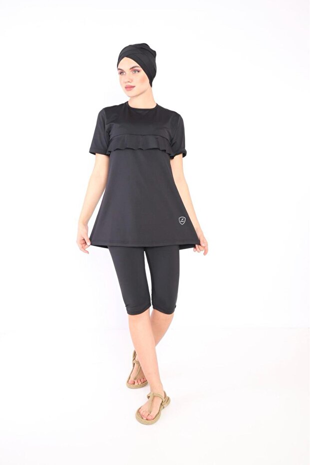 Women's Black Half Sleeve Capri Burkini Lycra Quick Dry Semi-Covered Pool Swimsuit