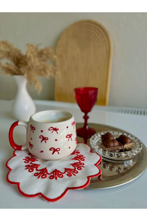 Handmade Red Bow Ceramic Mug Cup