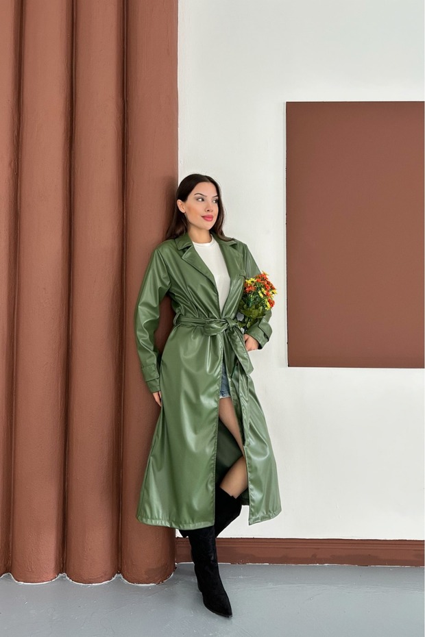 Cep Detaylı Deri Trençkot - 3