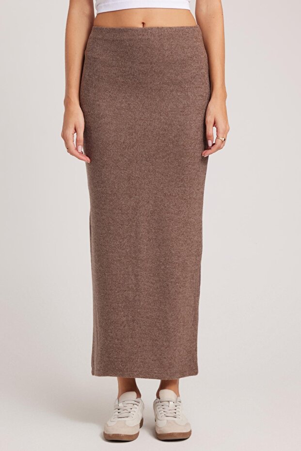 Women's Slim Fit Slim Fit Brown Skirt with Slits