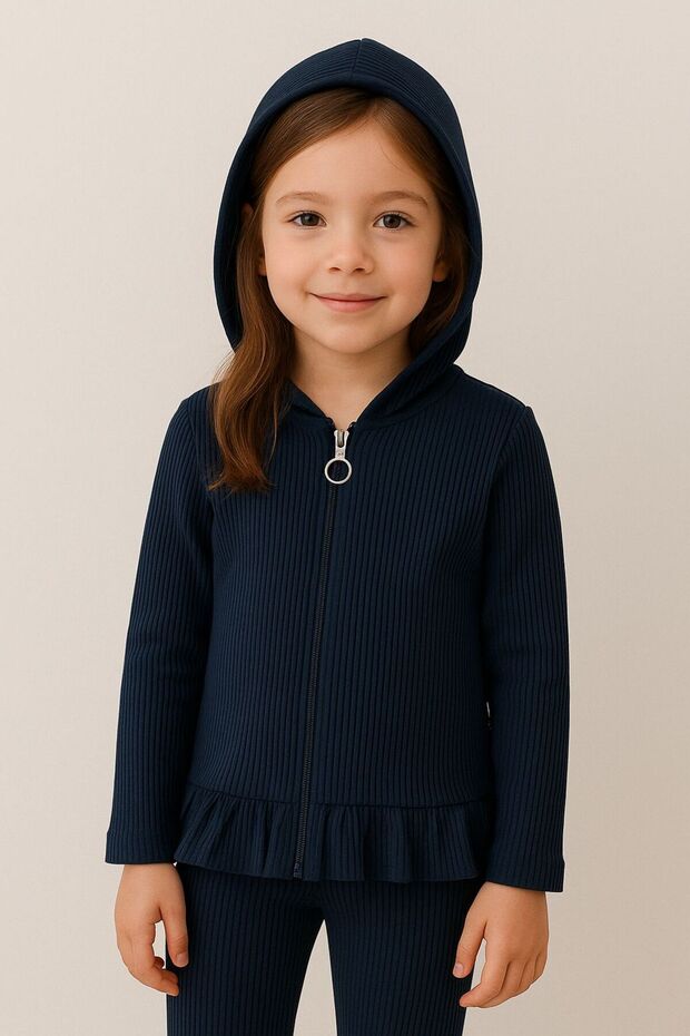 5-14 Years Old Girls' Navy Blue Hooded Zippered Cotton Cardigan