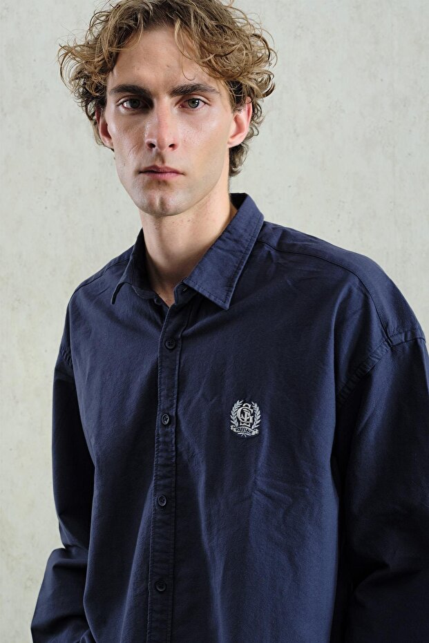 Oxford Embroidered Navy Blue Shirt