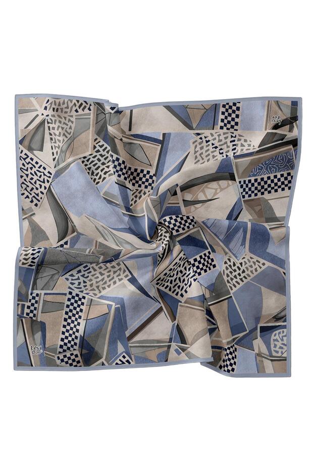 وشاح حريري من نسيج التويل بنمط الشطرنج الأزرق - 4