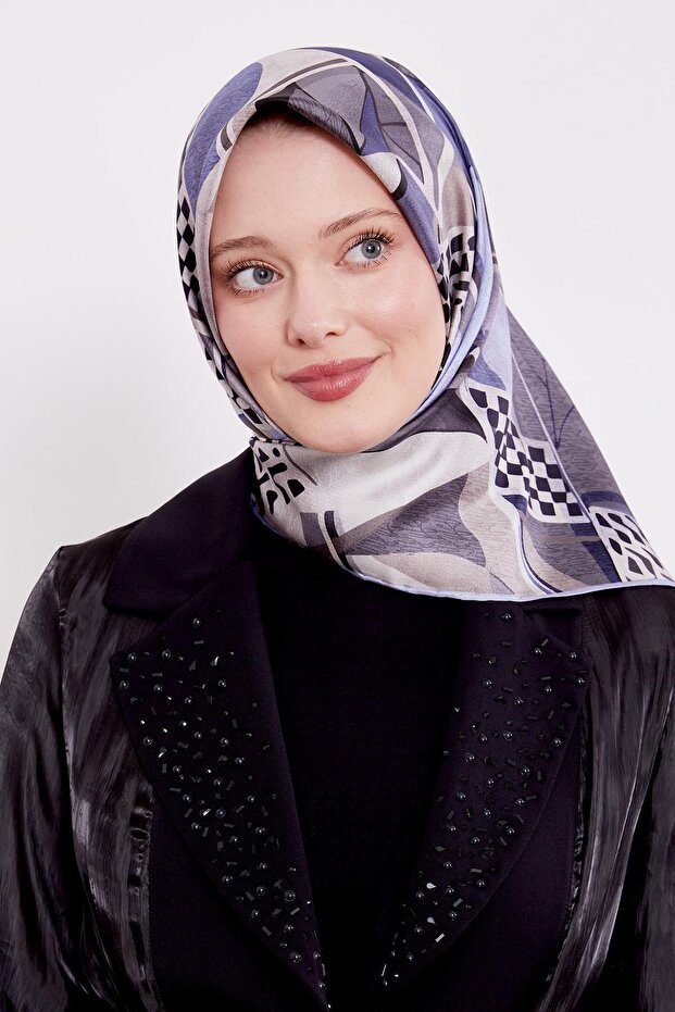 وشاح حريري من نسيج التويل بنمط الشطرنج الأزرق - 3