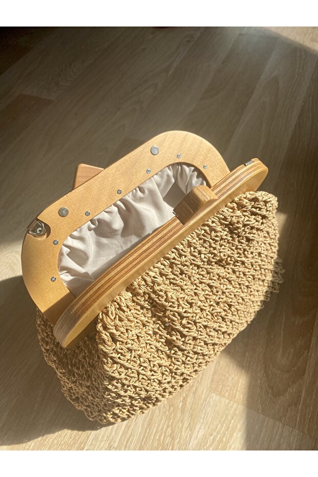 Ahşap Burslu Hasır El Çantası - 3