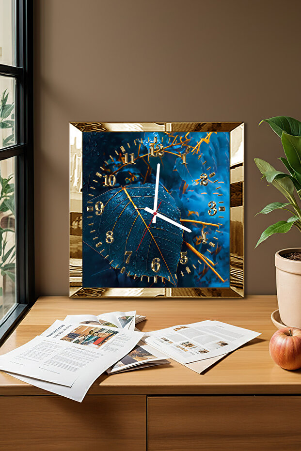 Gold Framed Golden Veined Leaves Themed Decorative Mdf Wall Clock