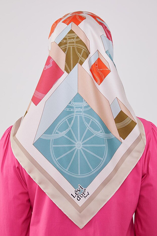 Cream Cube Pattern Twill Scarf - 4