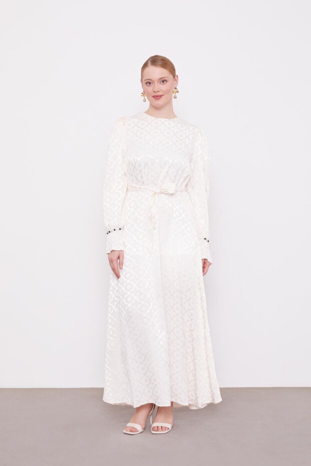 Ekru Yonca Desen Elbise - 1