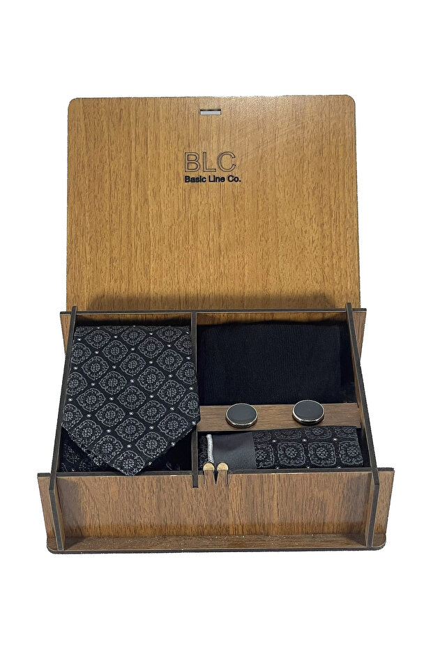 Black Color Tie Set in Wooden Box |   Tie |   Pocket Tissue |   Cufflink |   Socks