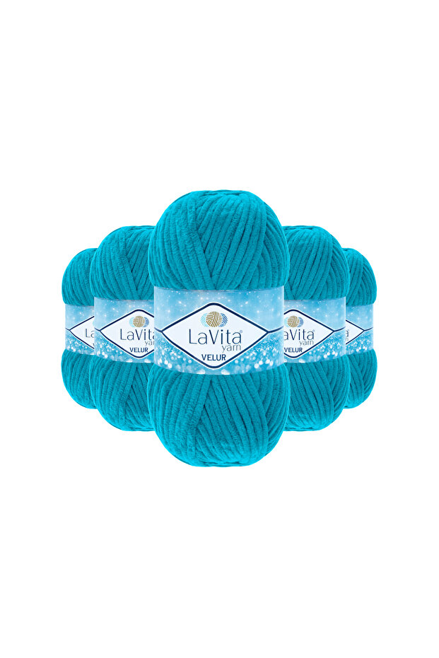 Velur Velvet Hand Knitting Yarn 100% Polyester 500Gr 5 Pcs (5801 Turquoise)