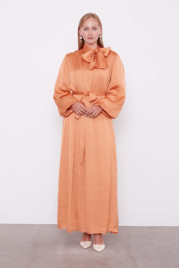 Satin Krash Dress with Salmon Belt Detail