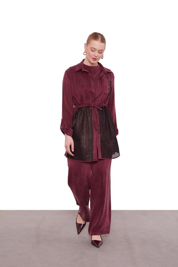 Burgundy Mesh Detailed Three-Piece Set