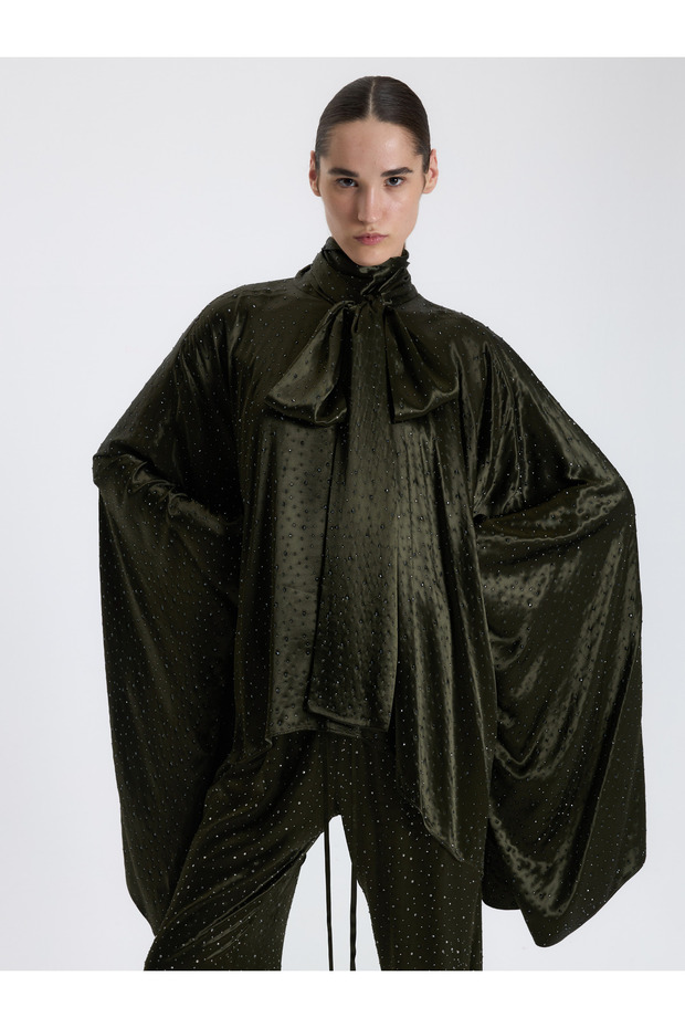 Haki Taş İşlemeli Drapeli Bluz - 1