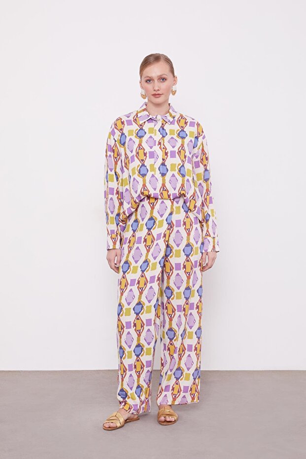 Purple Geometric Patterned Tunic Set - 1