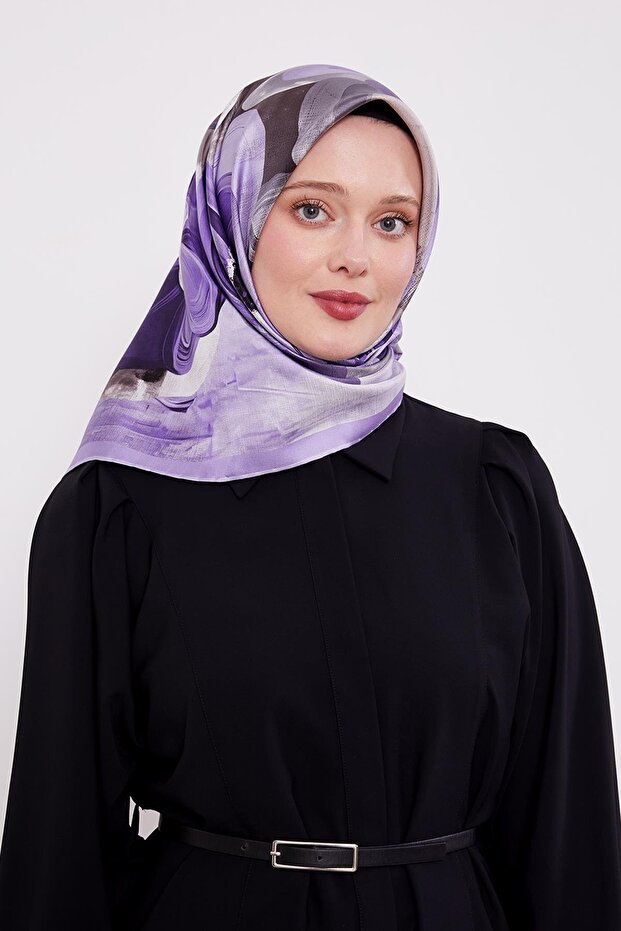 Lilac Violet Pattern Twill Silk Scarf - 3