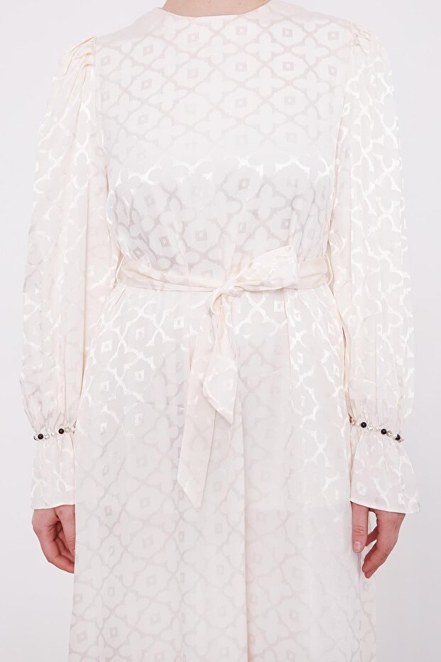 Ekru Yonca Desen Elbise - 5