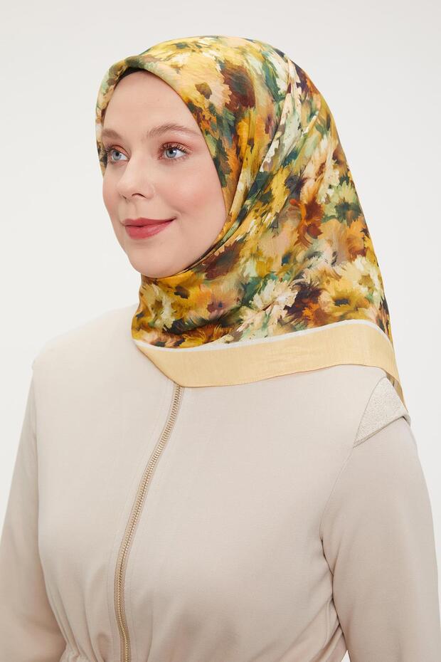 Hardal Ebruli Desen Modal İpek Eşarp - 2