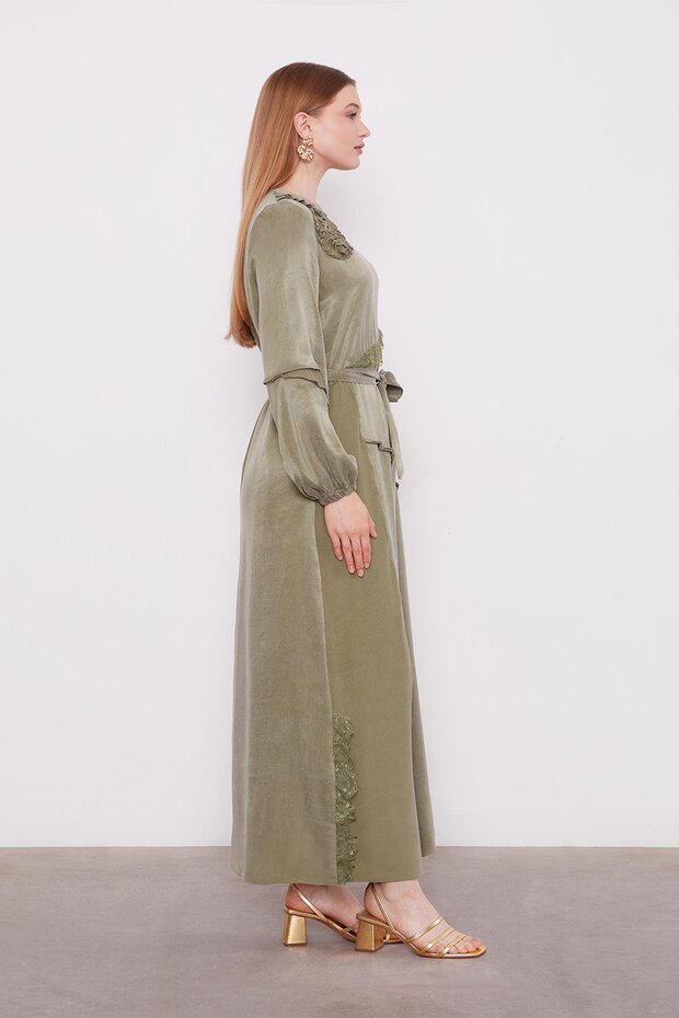 Yeşil Dantel Şeritli Cupra Elbise - 2