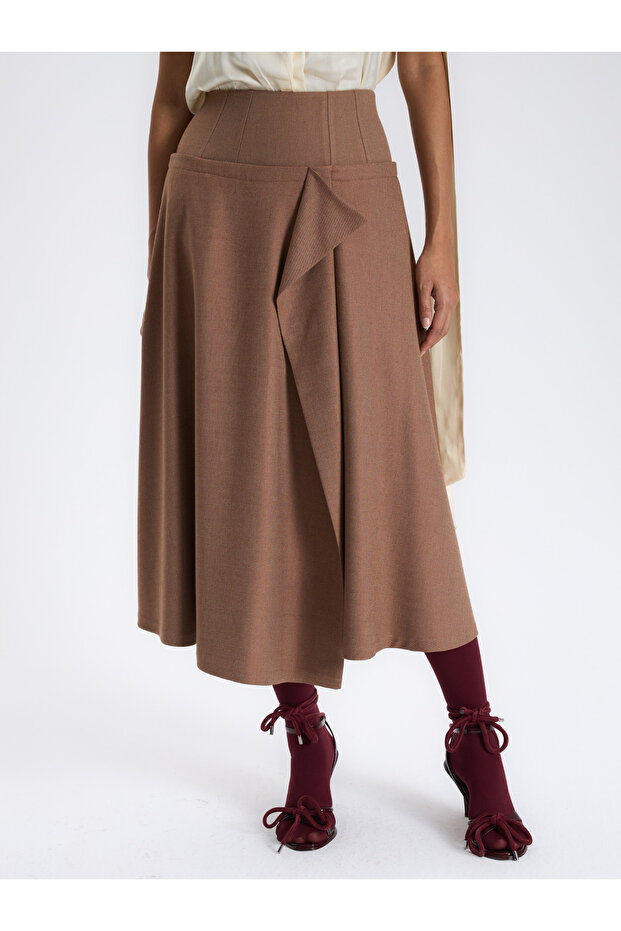 Karamel Drapeli Midi Etek - 4