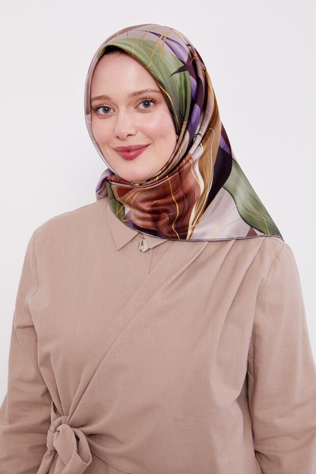 Mink Thin Leaf Pattern Twill Silk Scarf - 3