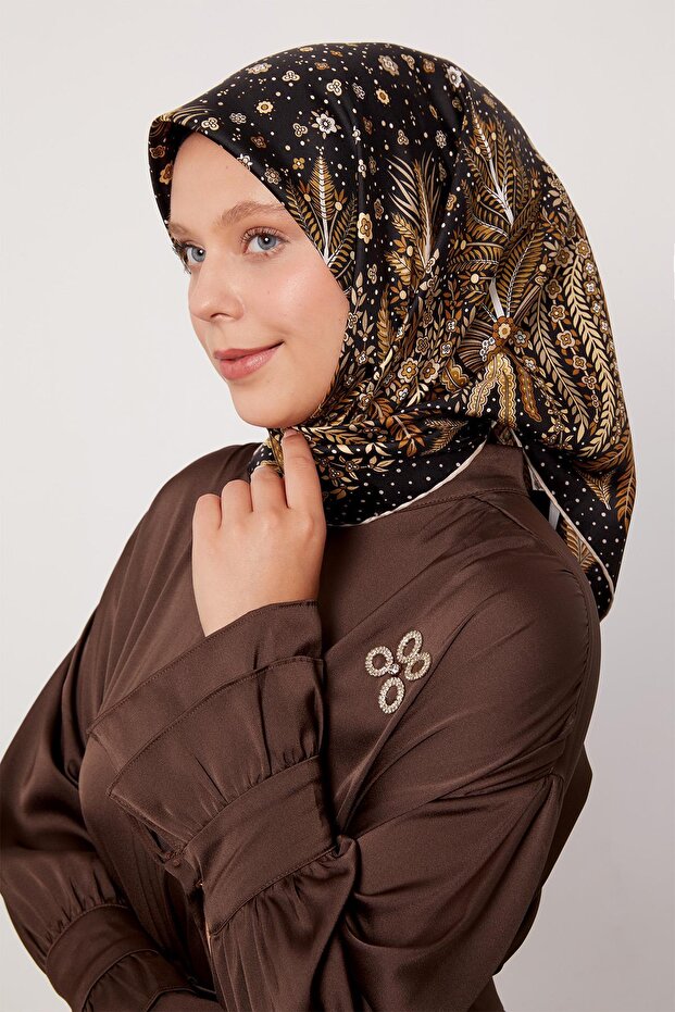 Black Leaf Pattern Twill Silk Scarf - 1