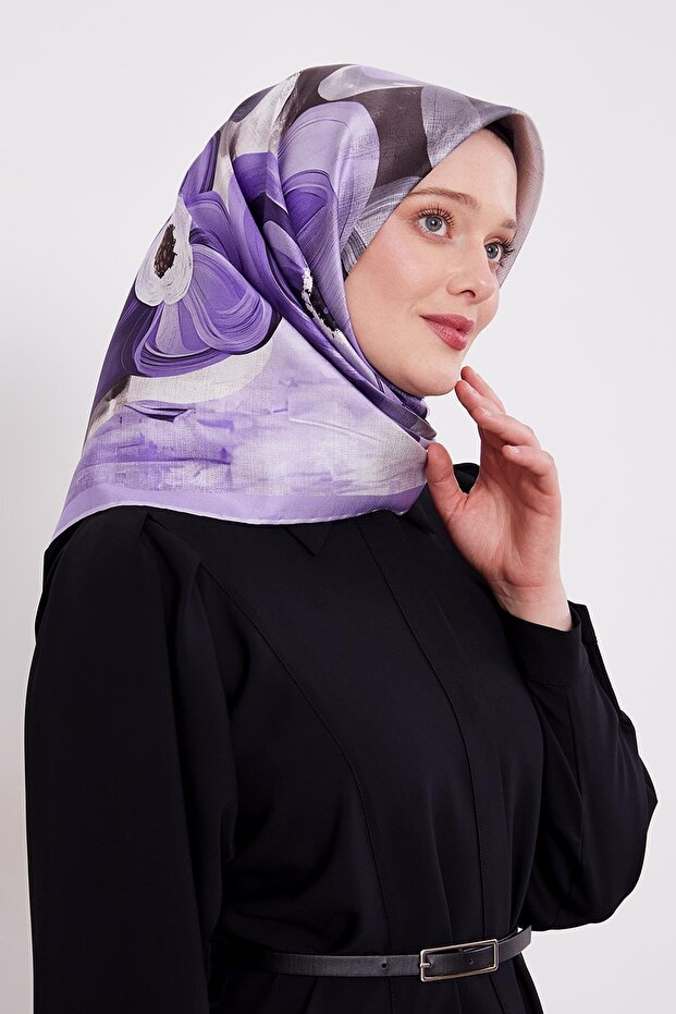 Lilac Violet Pattern Twill Silk Scarf - 1