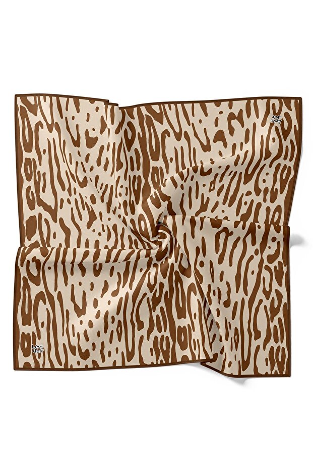 Kahve Leopar Desen Twill İpek Eşarp - 5