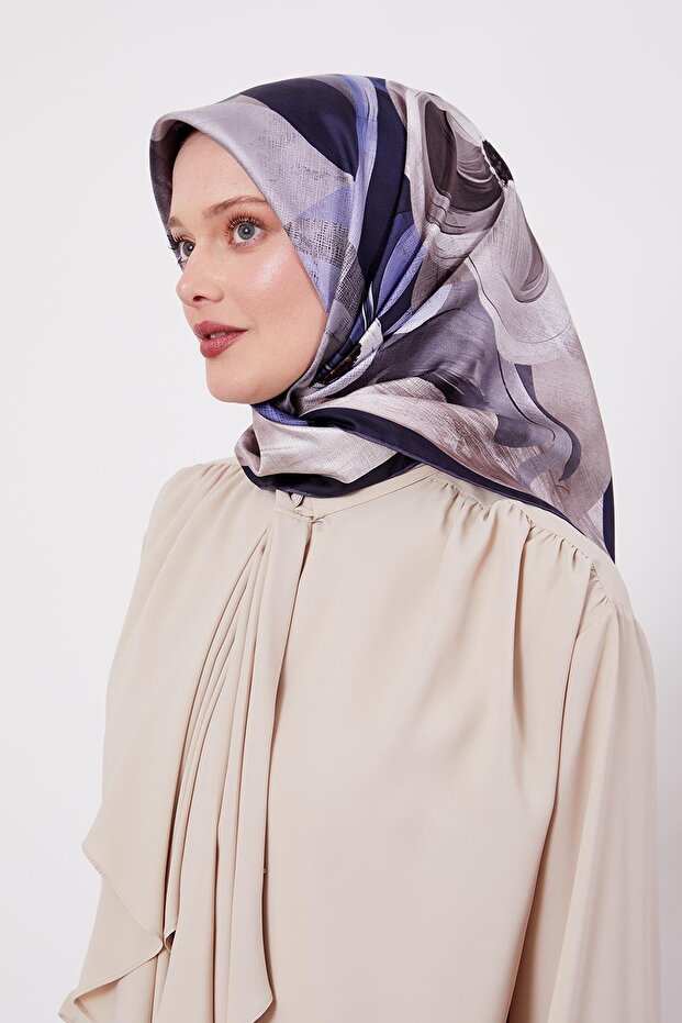 Dark Navy Blue Violet Pattern Twill Silk Scarf