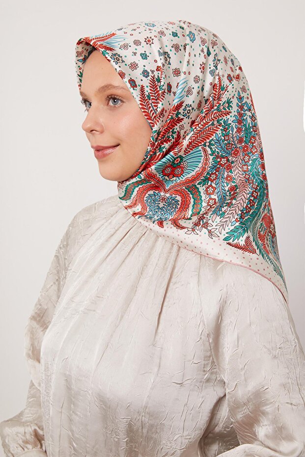 وشاح حريري بنمط أوراق الشجر الوردية - 1