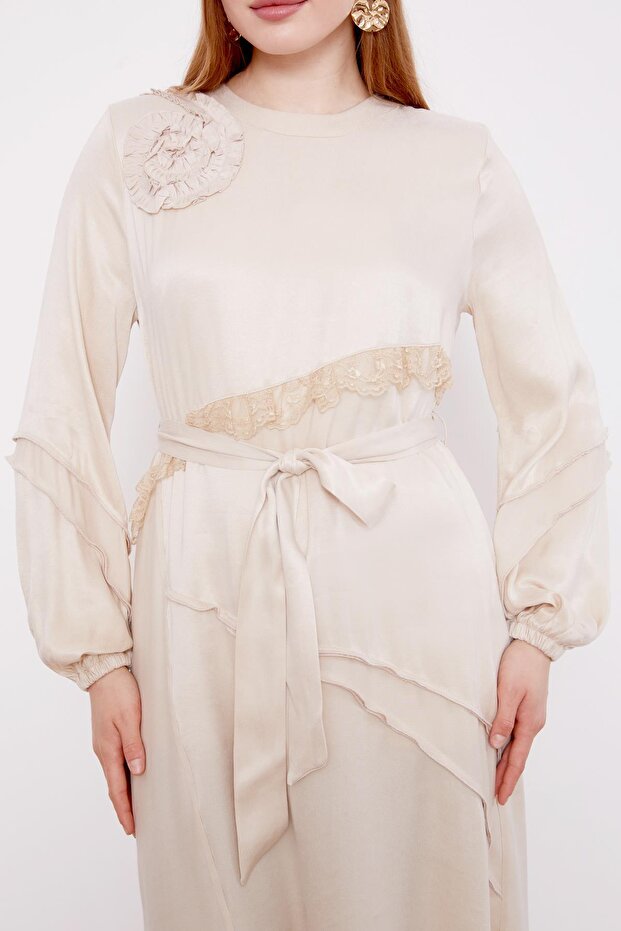 AÇIK BEJ Dantel Şeritli Cupra Elbise - 5