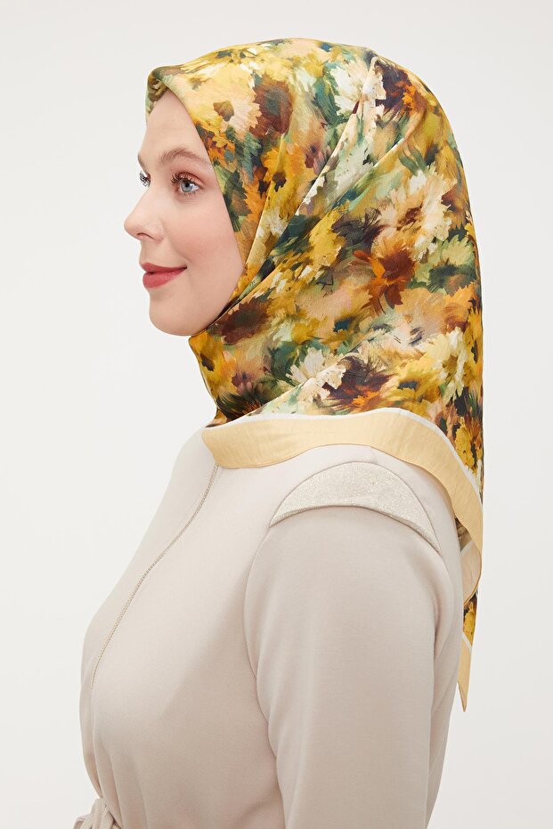 Hardal Ebruli Desen Modal İpek Eşarp - 3