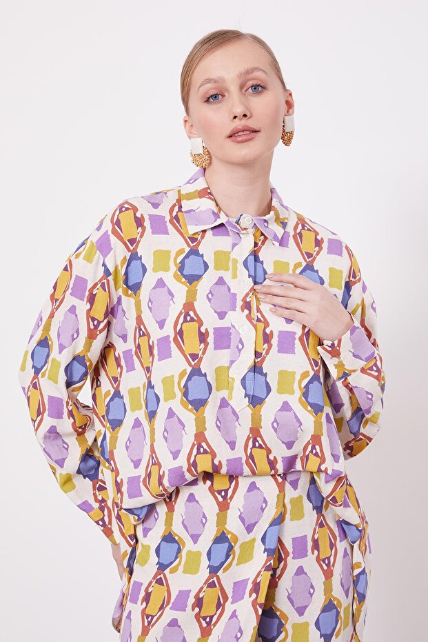 Purple Geometric Patterned Tunic Set - 4