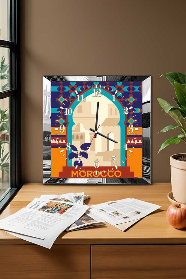 Silver Framed Morocco Themed Decorative Mdf Wall Clock