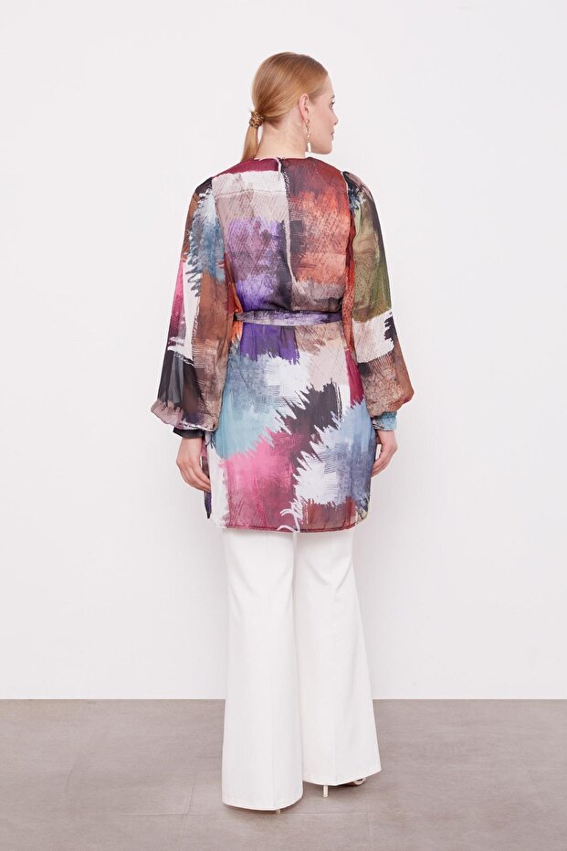 Purple Mixed Brush Pattern Chiffon Tunic - 6